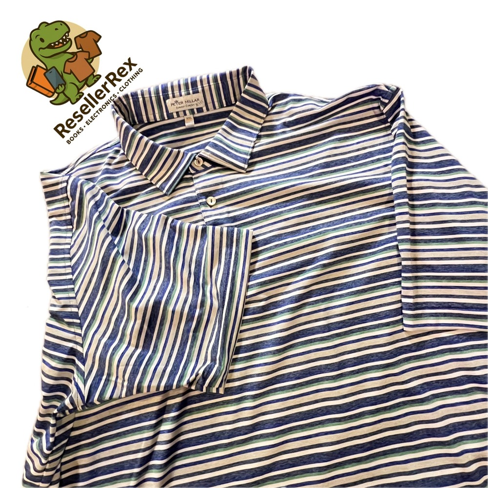 Peter Millar Summer Comfort Polo Shirt XXL Blue‎ Green Stripe Golf Casual Mens